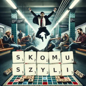 Kreatywna ilustracja do gry w Scrabble ze słowem SKOMUSZYLI ułożonym z płytek na planszy.