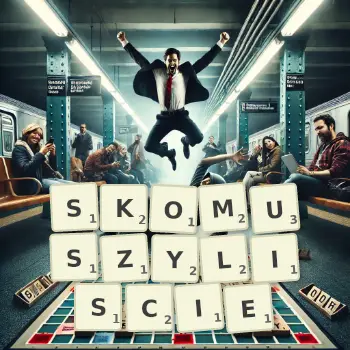 Kreatywna ilustracja do gry w Scrabble ze słowem SKOMUSZYLISCIE ułożonym z płytek na planszy.
