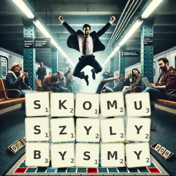 Kreatywna ilustracja do gry w Scrabble ze słowem SKOMUSZYLYBYSMY ułożonym z płytek na planszy.