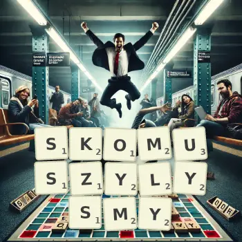 Kreatywna ilustracja do gry w Scrabble ze słowem SKOMUSZYLYSMY ułożonym z płytek na planszy.