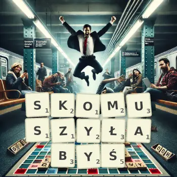 Kreatywna ilustracja do gry w Scrabble ze słowem SKOMUSZYŁABYŚ ułożonym z płytek na planszy.