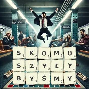 Kreatywna ilustracja do gry w Scrabble ze słowem SKOMUSZYŁYBYŚMY ułożonym z płytek na planszy.