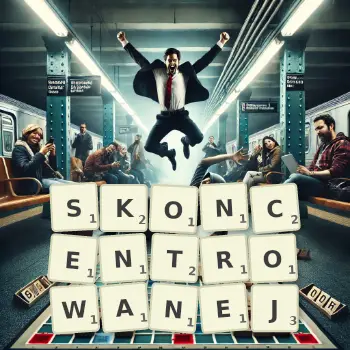 Kreatywna ilustracja do gry w Scrabble ze słowem SKONCENTROWANEJ ułożonym z płytek na planszy.