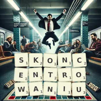 Kreatywna ilustracja do gry w Scrabble ze słowem SKONCENTROWANIU ułożonym z płytek na planszy.