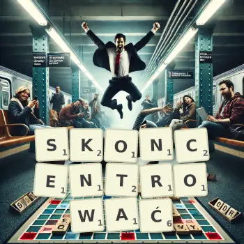 Kreatywna ilustracja do gry w Scrabble ze słowem SKONCENTROWAĆ ułożonym z płytek na planszy.