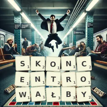 Kreatywna ilustracja do gry w Scrabble ze słowem SKONCENTROWAŁBY ułożonym z płytek na planszy.