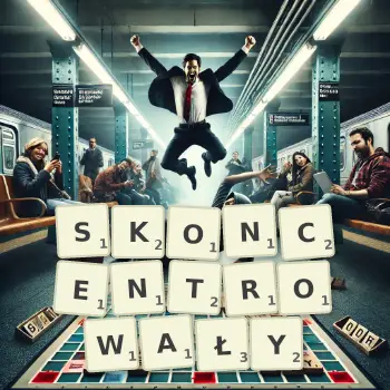 Kreatywna ilustracja do gry w Scrabble ze słowem SKONCENTROWAŁY ułożonym z płytek na planszy.