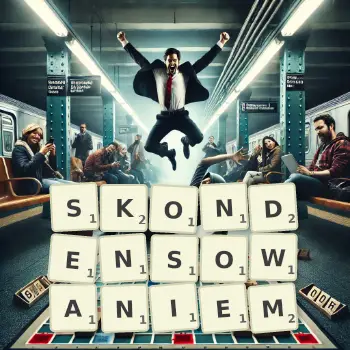 Kreatywna ilustracja do gry w Scrabble ze słowem SKONDENSOWANIEM ułożonym z płytek na planszy.