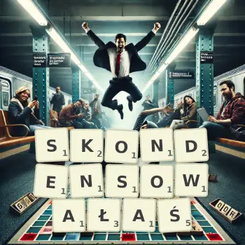 Kreatywna ilustracja do gry w Scrabble ze słowem SKONDENSOWAŁAŚ ułożonym z płytek na planszy.