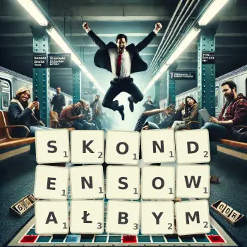 Kreatywna ilustracja do gry w Scrabble ze słowem SKONDENSOWAŁBYM ułożonym z płytek na planszy.