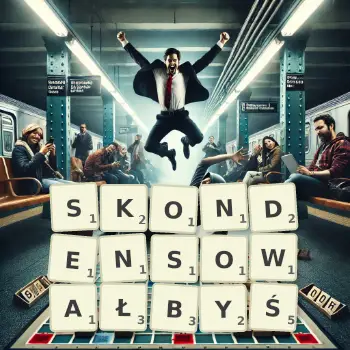 Kreatywna ilustracja do gry w Scrabble ze słowem SKONDENSOWAŁBYŚ ułożonym z płytek na planszy.