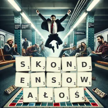 Kreatywna ilustracja do gry w Scrabble ze słowem SKONDENSOWAŁOŚ ułożonym z płytek na planszy.