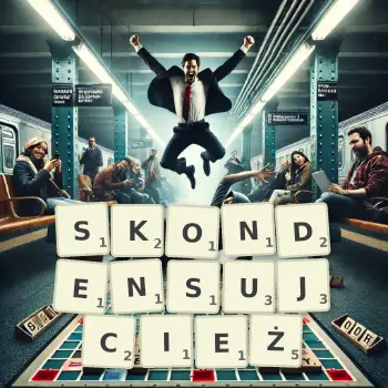 Kreatywna ilustracja do gry w Scrabble ze słowem SKONDENSUJCIEŻ ułożonym z płytek na planszy.