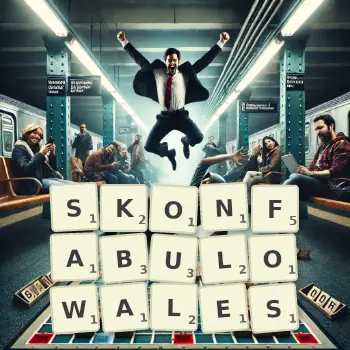 Kreatywna ilustracja do gry w Scrabble ze słowem SKONFABULOWALES ułożonym z płytek na planszy.