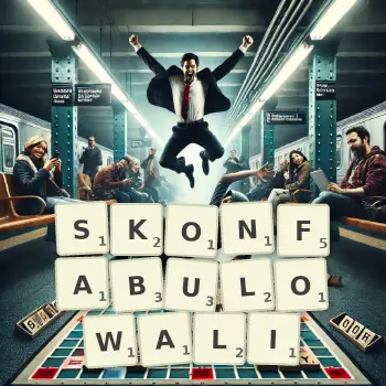 Kreatywna ilustracja do gry w Scrabble ze słowem SKONFABULOWALI ułożonym z płytek na planszy.