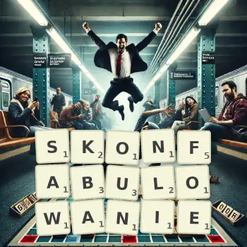 Kreatywna ilustracja do gry w Scrabble ze słowem SKONFABULOWANIE ułożonym z płytek na planszy.