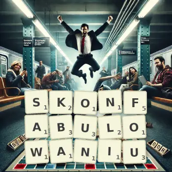 Kreatywna ilustracja do gry w Scrabble ze słowem SKONFABULOWANIU ułożonym z płytek na planszy.