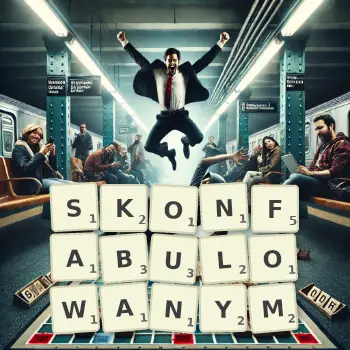 Kreatywna ilustracja do gry w Scrabble ze słowem SKONFABULOWANYM ułożonym z płytek na planszy.