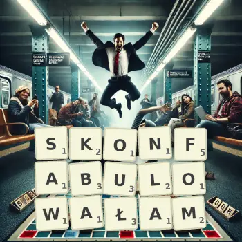 Kreatywna ilustracja do gry w Scrabble ze słowem SKONFABULOWAŁAM ułożonym z płytek na planszy.