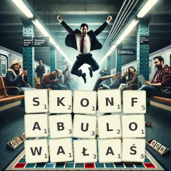 Kreatywna ilustracja do gry w Scrabble ze słowem SKONFABULOWAŁAŚ ułożonym z płytek na planszy.