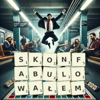 Kreatywna ilustracja do gry w Scrabble ze słowem SKONFABULOWAŁEM ułożonym z płytek na planszy.