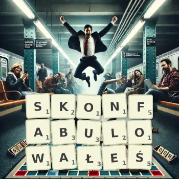 Kreatywna ilustracja do gry w Scrabble ze słowem SKONFABULOWAŁEŚ ułożonym z płytek na planszy.