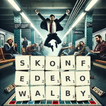 Kreatywna ilustracja do gry w Scrabble ze słowem SKONFEDEROWALBY ułożonym z płytek na planszy.