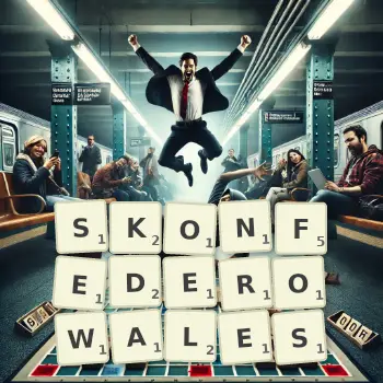 Kreatywna ilustracja do gry w Scrabble ze słowem SKONFEDEROWALES ułożonym z płytek na planszy.