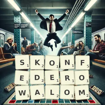 Kreatywna ilustracja do gry w Scrabble ze słowem SKONFEDEROWALOM ułożonym z płytek na planszy.