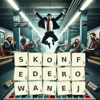 Kreatywna ilustracja do gry w Scrabble ze słowem SKONFEDEROWANEJ ułożonym z płytek na planszy.