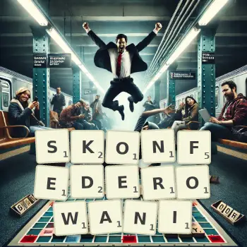 Kreatywna ilustracja do gry w Scrabble ze słowem SKONFEDEROWANI ułożonym z płytek na planszy.