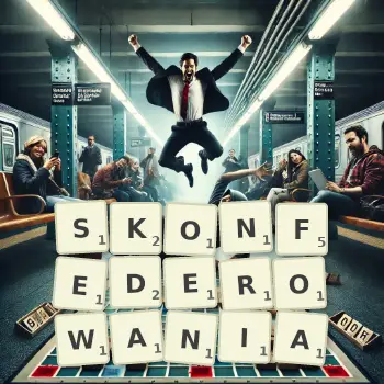 Kreatywna ilustracja do gry w Scrabble ze słowem SKONFEDEROWANIA ułożonym z płytek na planszy.