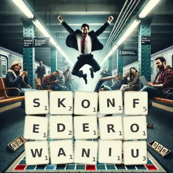 Kreatywna ilustracja do gry w Scrabble ze słowem SKONFEDEROWANIU ułożonym z płytek na planszy.