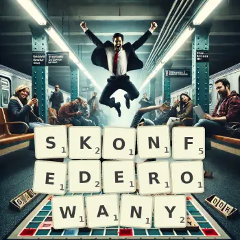 Kreatywna ilustracja do gry w Scrabble ze słowem SKONFEDEROWANY ułożonym z płytek na planszy.