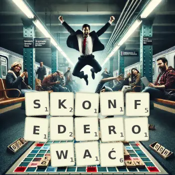 Kreatywna ilustracja do gry w Scrabble ze słowem SKONFEDEROWAĆ ułożonym z płytek na planszy.