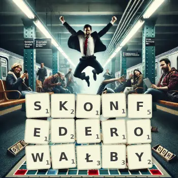 Kreatywna ilustracja do gry w Scrabble ze słowem SKONFEDEROWAŁBY ułożonym z płytek na planszy.