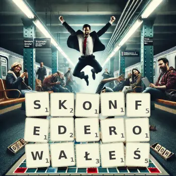 Kreatywna ilustracja do gry w Scrabble ze słowem SKONFEDEROWAŁEŚ ułożonym z płytek na planszy.