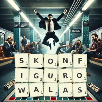 Kreatywna ilustracja do gry w Scrabble ze słowem SKONFIGUROWALAS ułożonym z płytek na planszy.