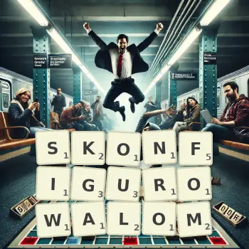 Kreatywna ilustracja do gry w Scrabble ze słowem SKONFIGUROWALOM ułożonym z płytek na planszy.