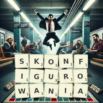 Kreatywna ilustracja do gry w Scrabble ze słowem SKONFIGUROWANIA ułożonym z płytek na planszy.