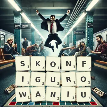 Kreatywna ilustracja do gry w Scrabble ze słowem SKONFIGUROWANIU ułożonym z płytek na planszy.