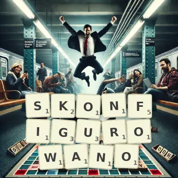 Kreatywna ilustracja do gry w Scrabble ze słowem SKONFIGUROWANO ułożonym z płytek na planszy.