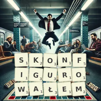 Kreatywna ilustracja do gry w Scrabble ze słowem SKONFIGUROWAŁEM ułożonym z płytek na planszy.