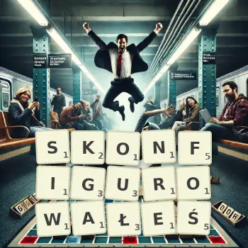 Kreatywna ilustracja do gry w Scrabble ze słowem SKONFIGUROWAŁEŚ ułożonym z płytek na planszy.