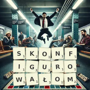 Kreatywna ilustracja do gry w Scrabble ze słowem SKONFIGUROWAŁOM ułożonym z płytek na planszy.