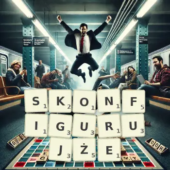 Kreatywna ilustracja do gry w Scrabble ze słowem SKONFIGURUJŻE ułożonym z płytek na planszy.