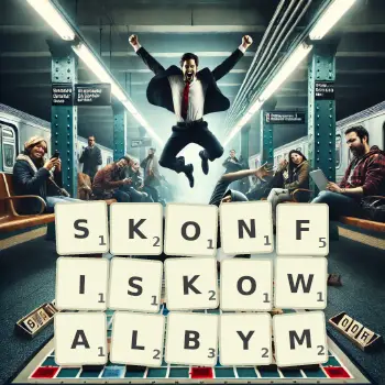 Kreatywna ilustracja do gry w Scrabble ze słowem SKONFISKOWALBYM ułożonym z płytek na planszy.