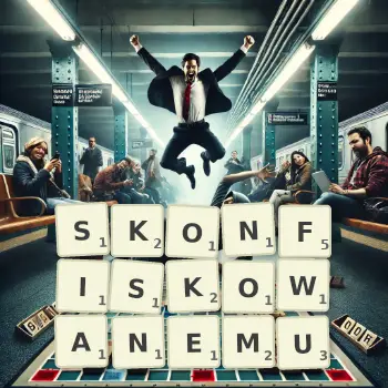 Kreatywna ilustracja do gry w Scrabble ze słowem SKONFISKOWANEMU ułożonym z płytek na planszy.