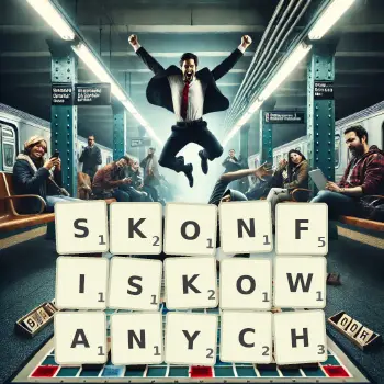 Kreatywna ilustracja do gry w Scrabble ze słowem SKONFISKOWANYCH ułożonym z płytek na planszy.