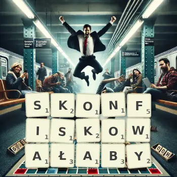 Kreatywna ilustracja do gry w Scrabble ze słowem SKONFISKOWAŁABY ułożonym z płytek na planszy.